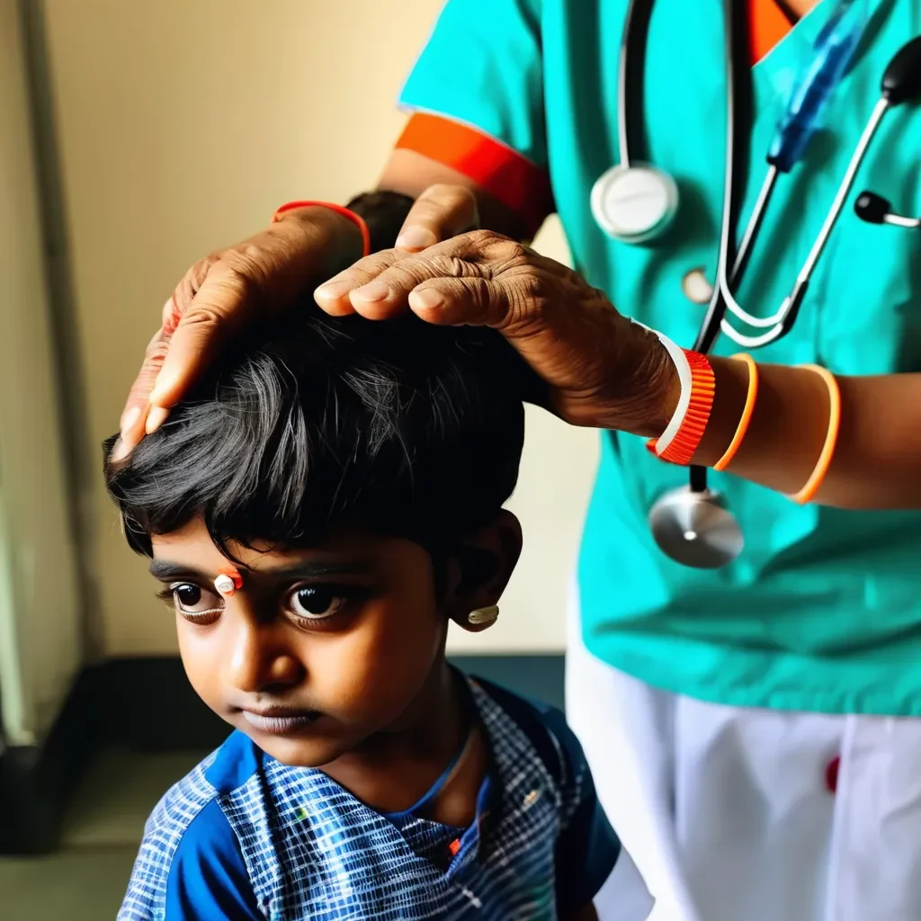 Pediatric surgeon with hand on child's head